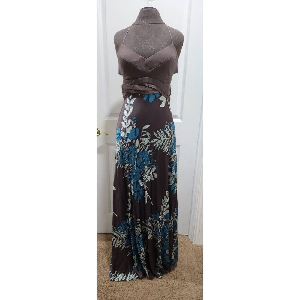 NINA AUSTIN Bead Accent Halter Dress Sz M Brown, Teal and White Floral